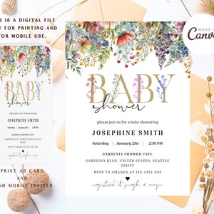 Wilde bloem baby shower uitnodiging, afdrukbare Instant Digitale Download, meisje baby shower uitnodigen, kleurrijke bloemen baby uitnodigen, sjabloon