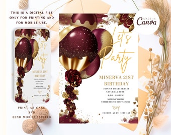 EDITABLE 21st Birthday Invitation, Burgundy and White 21st Invitation, Surprise Birthday Party, 21st Birthday Invite, Balloons Invitation