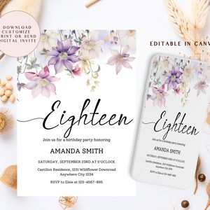 Wildflower Eighteenth Birthday Party Invitation, Flower 18th Birthday Party invite, Editable Purple Wildflower 18th Birthday Invite