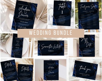 Navy Blue and Gold Wedding Invitation Set, editable instant download, digital download, digital download template