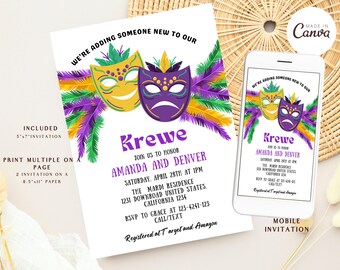 May include: A white invitation card with purple and green Mardi Gras themed decorations. The text on the card reads "We're adding someone new to our Krewe. Join us to honor Amanda and Denver. Saturday, April 28th at 1 pm. The Mardi Residence, 1231 Downroad, United States, California 1234. RSVP to Grace at 123-4241-123. Call/Text. Registered at Target and Amazon."
