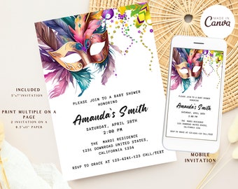 May include: A printable baby shower invitation with a Mardi Gras theme. The invitation features a watercolor illustration of a masquerade mask with feathers and beads. The text on the invitation reads "Please join to a baby shower honoring Amanda's Smith, Saturday, April 28th, 2:00 PM, The Mardi Residence, 1231 Downroad United States, California 1234, RSVP to Grace at 123-4241-123 Call/Text".