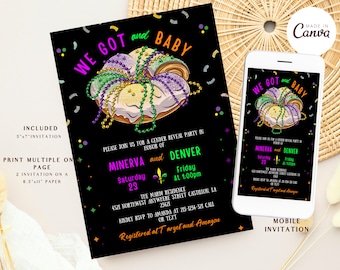 May include: Black gender reveal party invitation with a Mardi Gras theme. The invitation features a colorful king cake with the text "We Got Baby." Includes event details and a mobile invitation.