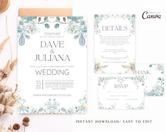 Eucalyptus Wedding Invitation Template, Modern Minimalist Wedding Invitation Set, Greenery Wedding Invitation Printable, DIY Download