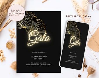 Szablon zaproszenia w kolorze złotym i czarnym, impreza galowa Save the Date, szablon zaproszenia na galę, zaproszenie na wieczór galowy, impreza galowa
