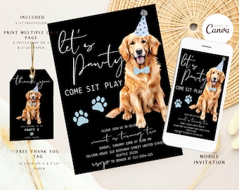 Golden retriever Birthday invitation, Dog Birthday Invitation, Puppy Pawty, Dog Theme Invite, Editable Invitation