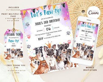 King Dog Birthday Party Invitation Puppy Birthday Invite Pawty Animal Pet Download Printable Template Canva