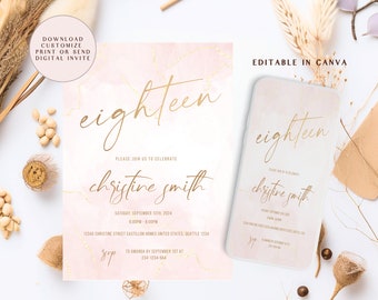 Editable Blush Pink 18th Birthday Party Invitation, Instant Download Printable Canva Template, Modern Simple Blush Girl Eighteenth Invite