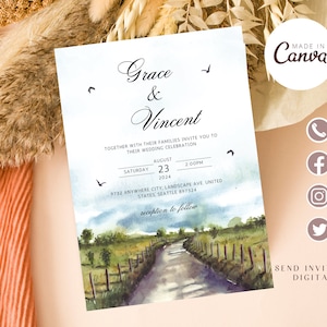Convite de casamento de paisagem, modelo personalizado para impressão em aquarela, convite ilustrado desenhado à mão, cartão de casamento, convite de paisagem