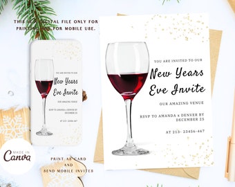 May include: A white New Year's Eve invitation with gold glitter. The invitation features a glass of red wine and the text "You are invited to our New Years Eve Invite. Our amazing venue. RSVP to Amanda x Denver by December 25 at 213-23456-467."