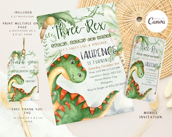 Editable Three Rex Invitation Boy Printable Template Instant download  Dinosaur birthday invitation, Three rex birthday, three rex invite