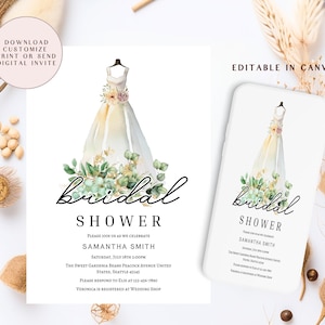 Eucalyptus Wedding Dress Shower Invitation, Eucalyptus Invitation, Wedding Gown Bridal Invitation, Bridal Gown, Bridal Dress Invitation