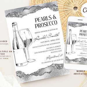Pearls & Prosecco Bridal Shower Invite, Silver Prosecco digital download template