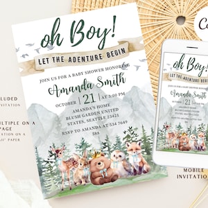 Editable Let the Adventure Begin Woodland Baby Shower Invitation, Boy Adventure Baby Shower Invite Forest Baby Shower