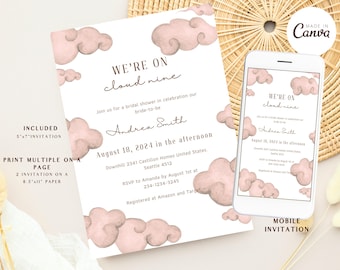 Cloud 9 bruids douche, de bruid is op Cloud Nine bruids douche uitnodiging, digitale download, bewerken in Canva