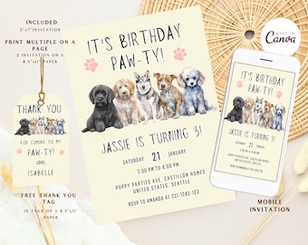 Let's Pawty Dog Birthday Invite Printable, Dog Birthday Invitation, Puppy Party Instant Download, Digital Download Dog Party, Any Age Edit