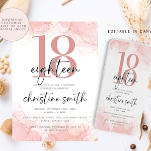 Blush Pink 18e anniversaire Invitation, Party Invite Editable Digital Canva Télécharger Modèle Pastel Blush Pink Gold, Dix-huit Invitation
