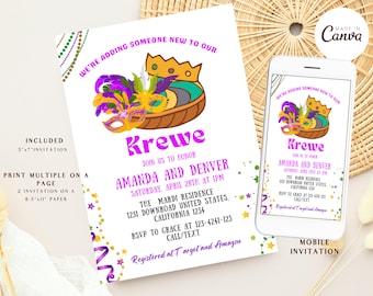 May include: A purple and gold Mardi Gras themed invitation with a graphic of a mask and beads. The invitation reads "We're adding someone new to our Krewe. Join us to honor Amanda and Denver. Saturday, April 28th at 1pm. The Mardi Residence 1231 Downroad United States, California 1234. RSVP to Grace at 123-4241-123 Call/Text. Registered at Target and Amazon."
