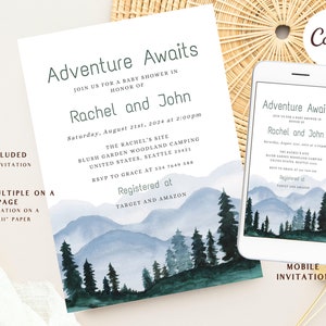Editable Let the Adventure Begin Baby Shower Invitation, Woodland Baby Shower Invite, Forest Mountain Gender Neutral Template