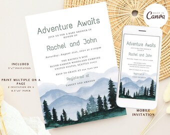 Editável Deixe a Aventura Começar Convite para Chá de Bebê, Convite para Chá de Bebê Woodland, Modelo Neutro de Gênero Forest Mountain