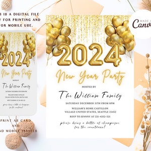 New Year&#39;s Eve Invitation, 2024 New Years Eve Digital Evite, Gold Glitter Invite Download, New Year&#39;s Eve Party Invite Template