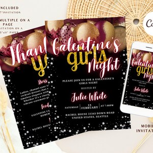 Galentines Girls Night Invitation, Valentines Dinner Invite, Balloon Girls Night Party Invitation, Self Editable Invitation