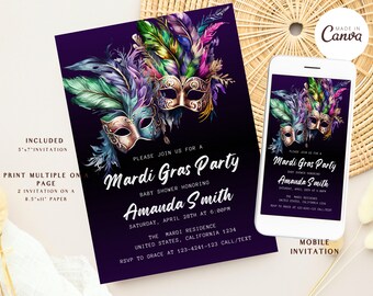 May include: Purple invitation with gold and green Mardi Gras masks and feathers. Text reads: "Please join us for a Mardi Gras Party Baby Shower Honoring Amanda Smith Saturday, April 28th at 6:00pm The Mardi Residence United States, California 1234 RSVP to Grace at 123-4241-123 Call/Text"