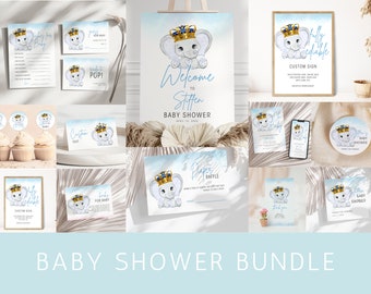 Cute Elephant Boy Baby Shower Bundles, Elephant Printable Baby Shower Invitation, Editable Baby Shower Games, King Baby Elephant