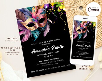 May include: Black and purple baby shower invitation with a masquerade mask and feathers. The invitation says "Please join to a baby shower honoring Amanda's Smith" and includes the date, time, and location.