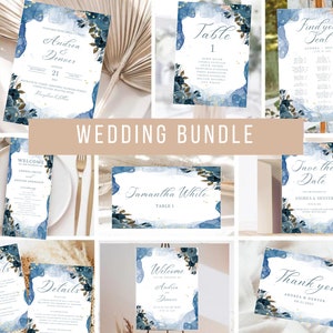 Mega Bundle de faire-part de mariage bleu marine et argent, suite d'invitations de mariage bleu marine, faire-part de mariage imprimable, modifiable sur toile