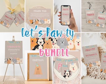 Ensemble d'invitations d'anniversaire de chien modifiables, pack de fête chiot Pawty, modèle de décorations d'anniversaire sur le thème du chien, fête des chiots