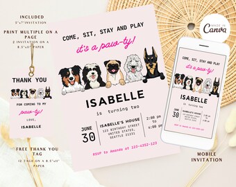May include: Pink and white birthday invitation with a paw print theme. The invitation features a row of cartoon dogs and the text "Come, sit, stay and play, it's a paw-ty!"  The invitation is for Isabelle's second birthday party on June 30th at 2:00 pm to 4:00 pm at Isabelle's house. The address is 123 Birthday Street, Seattle 21231. RSVP to Amanda at 123-4352-123.