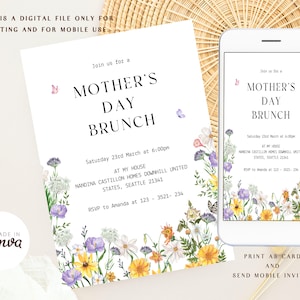 May include: Digital Mother's Day Brunch invitation. The invitation features the text "Mother's Day Brunch" with floral and butterfly accents. The design is displayed on a white card and a smartphone.