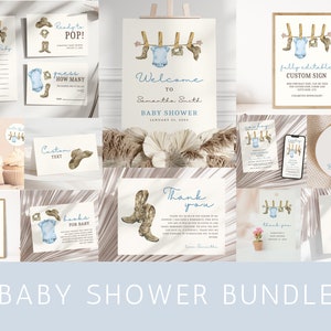 May include: A baby shower bundle with a blue and brown color scheme. The bundle includes a welcome sign, invitations, thank you cards, cupcake toppers, and a custom sign. The theme is cowboy boots and baby clothes.