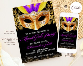 May include: A black and gold Mardi Gras party invitation with a purple and gold mask. The invitation includes the text "You are cordially invited to Mardi Gras Party" and "Baby Shower Honoring Amanda's Smith".