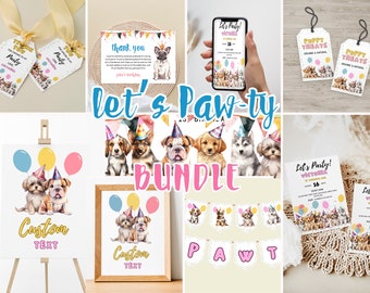 Let's Pawty Bundle Party, Dog Party Birthday Bundle, Puppy Bundle Party, Let's Pawty Invitation Puppy Invitation