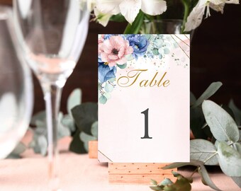 Plantilla de números de mesa de boda rosa rubor, número de mesa floral, descarga instantánea, plantilla editable e imprimible