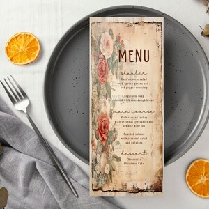 Tarjeta de menú de flores vintage de Navidad, plantilla de menú navideño, descarga instantánea, tarjeta, tarjeta de menú imprimible, tarjeta de menú de Navidad imprimible