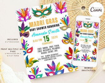 May include: A Mardi Gras themed baby shower invitation with colorful masks and feathers. The invitation is for Amanda Smith on February 15th, 2024 at 6:00 PM. The event is at The Mardi Residence, 1231 Download, United States, California 1234. Free drinks, food, and desserts are included. Guests are encouraged to wear masks. The invitation also includes a mobile version.