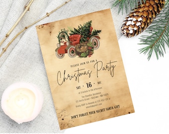 Vintage Car Digial Christmas Scene Party Invitation, Holiday Party Invitation, Vintage Christmas, Christmas invitation, Christmas Party