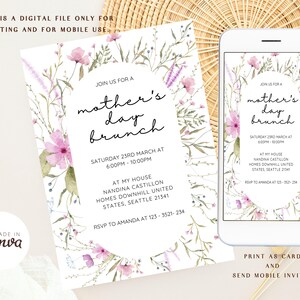 May include: A digital invitation for a Mother's Day brunch with a floral design. The invitation includes the date, time, location, and RSVP information. The text reads "Join us for a Mother's Day Brunch, Saturday 23rd March at 6:00PM - 10:00PM, At my house, Nandina Castillon Homes Downhill United States, Seattle 21341, RSVP to Amanda at 123-3521-234".
