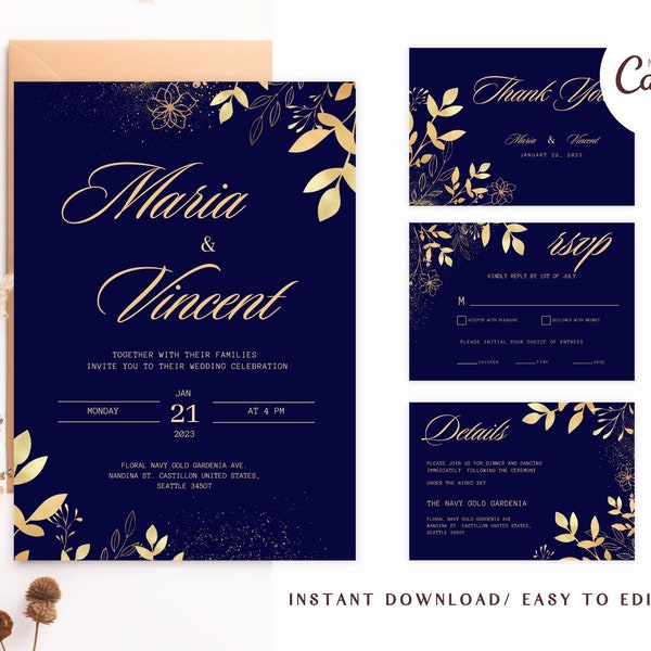 Royal Blue and Gold Wedding Invitation, Luxury Wedding Invitation, Navy Gold Wedding Invitation, PRINTABLE Wedding Invitation Suite