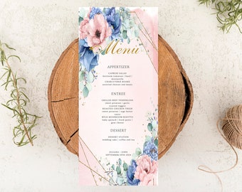 Blush Pnk Wedding Menu Template, Watercolor Floral wedding menu download, Printable Floral Pink wedding menu card, wedding menus