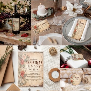 Pacote de flores vintage de Natal para impressão, modelo de flor de Natal, etiqueta de agradecimento vintage, cartão de Natal floral, download instantâneo, Canva