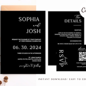 Black Wedding Invitation Template, Modern Editable Template, Instant Download, Black and White Wedding Invitation, Minimalist Invite