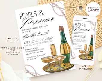 Puede incluir: Una invitación imprimible para una despedida de soltera con una ilustración de acuarela de botellas y vasos de champán en una bandeja. La invitación está decorada con perlas y el texto "Pearls & Prosecco" en una fuente cursiva. El texto "Join us for a bridal shower in honor of Rachel Smith" también está incluido. La invitación es para el sábado 15 de abril a las cuatro de la tarde. La dirección y la información de contacto para el evento se enumeran a continuación.