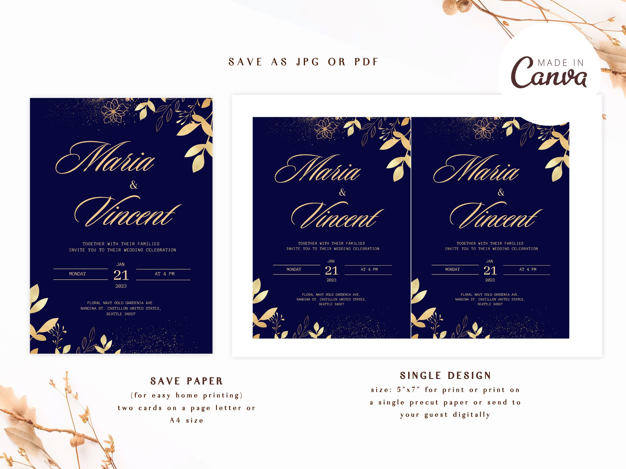 Royal Blue and Gold Wedding Invitation, Luxury Wedding Invitation, Navy