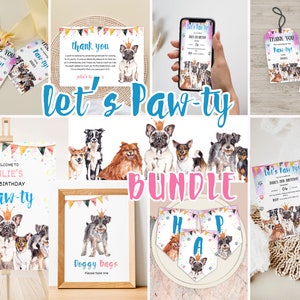 Dog Birthday Invitation Bundle, Puppy Pawty Birthday Printable Decor Set, Birthday Doggie Digital