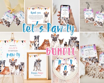 Dog Birthday Invitation Bundle, Puppy Pawty Birthday Printable Decor Set, Birthday Doggie Digital