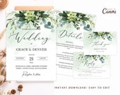 Greenery Invite Template, Greenery Modern Wedding Set, Rustic Greenery Wedding Invitation Bundle, Greenery Suite Invite Set
